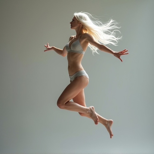 Tall European woman wearing a bra. Long hair extends to knees. Pale skin. Woman is jumping. The image features a white background. Focus on movement and grace without any facial details.