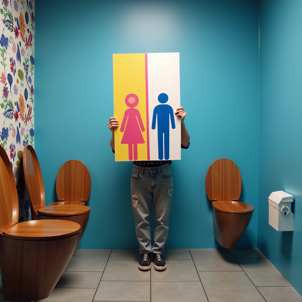 A person holds a restroom gender sign in a vibrantly colored bathroom with blue walls and wood-patterned seats.