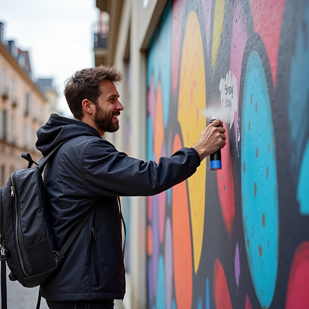 An artist spray painting a mural on a wall. The mural has bright colors. The scene captures urban art expression.