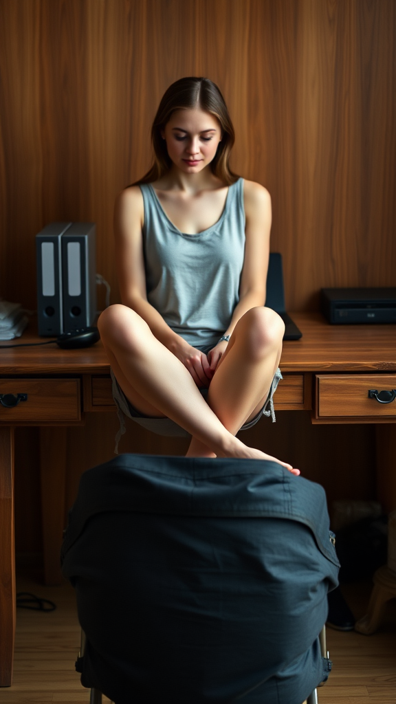 The image depicts a young woman sitting on a desk chair, facing a wooden desk, in a cozy indoor setting. She is wearing a casual, sleeveless gray top, and shorts, with her legs comfortably crossed beneath her. The wooden desk has a classic, warm finish and is neatly organized with office supplies, including two black ring binders and a few electronic devices like a printer and a mouse. Her expression is calm and introspective, and the overall ambiance of the room is one of simplicity and tranquility.