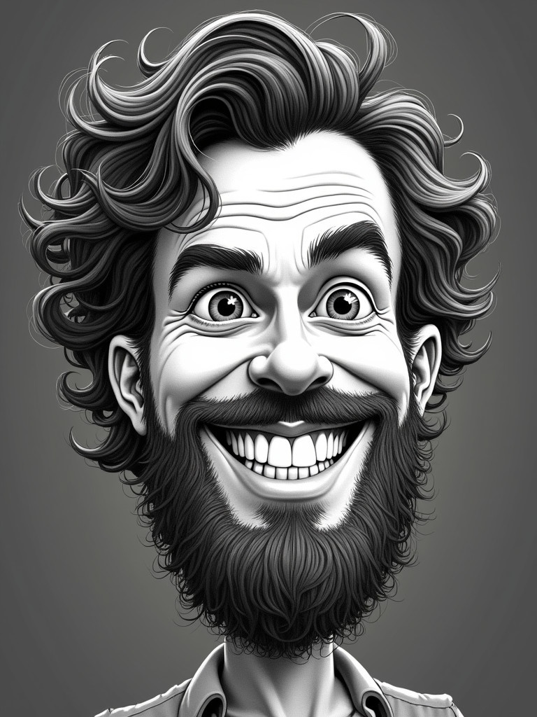 Create a caricature sketch of a man with curly hair and a bushy beard. Emphasize joyful expression and features. Background is simple and dark. Use exaggerated proportions for enhanced caricature style. Add playful details for friendly demeanor.