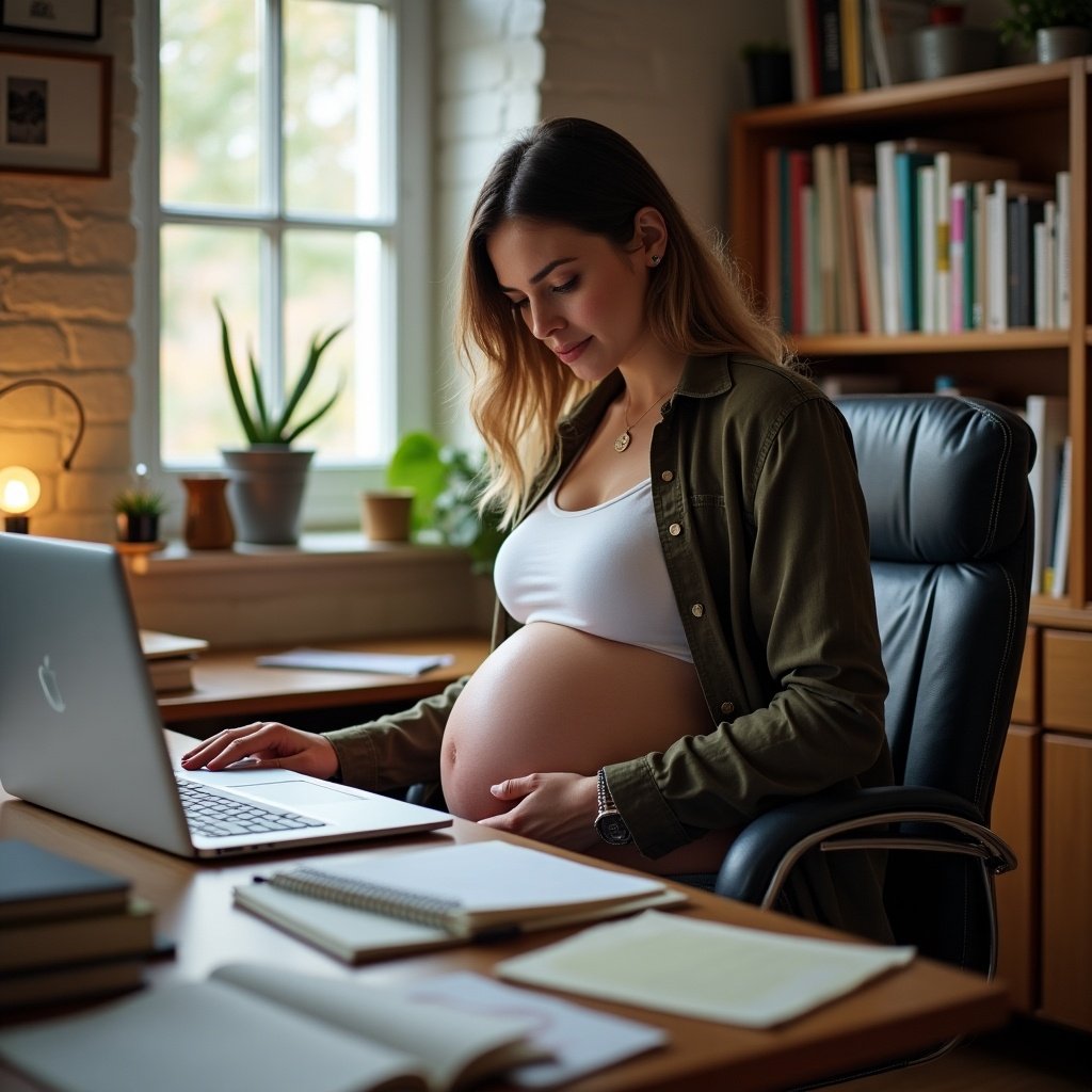 A college teacher expecting quadruplets working on a laptop in a home office. Natural light coming through the window. Books and stationery on the desk.