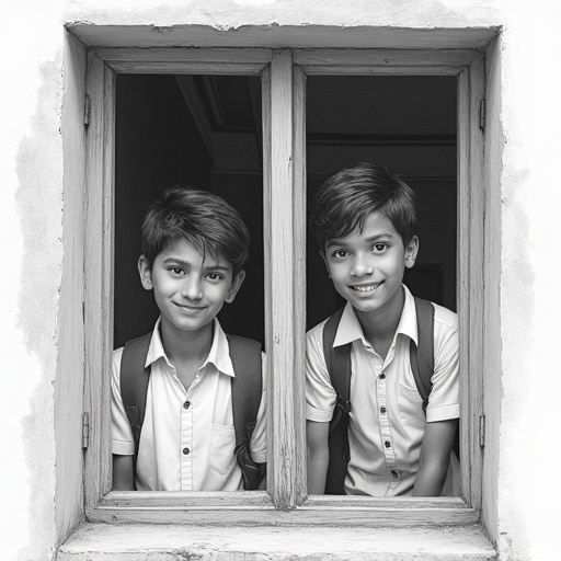 Two Indian teenagers in school uniforms peek through a classroom window. They have amused expressions. The image is a pencil sketch with naturalistic shading. The background features a school building. The composition follows the rules of thirds. It showcases chiaroscuro lighting and smooth shading in monochrome. The resolution is 4K ultra-high resolution.