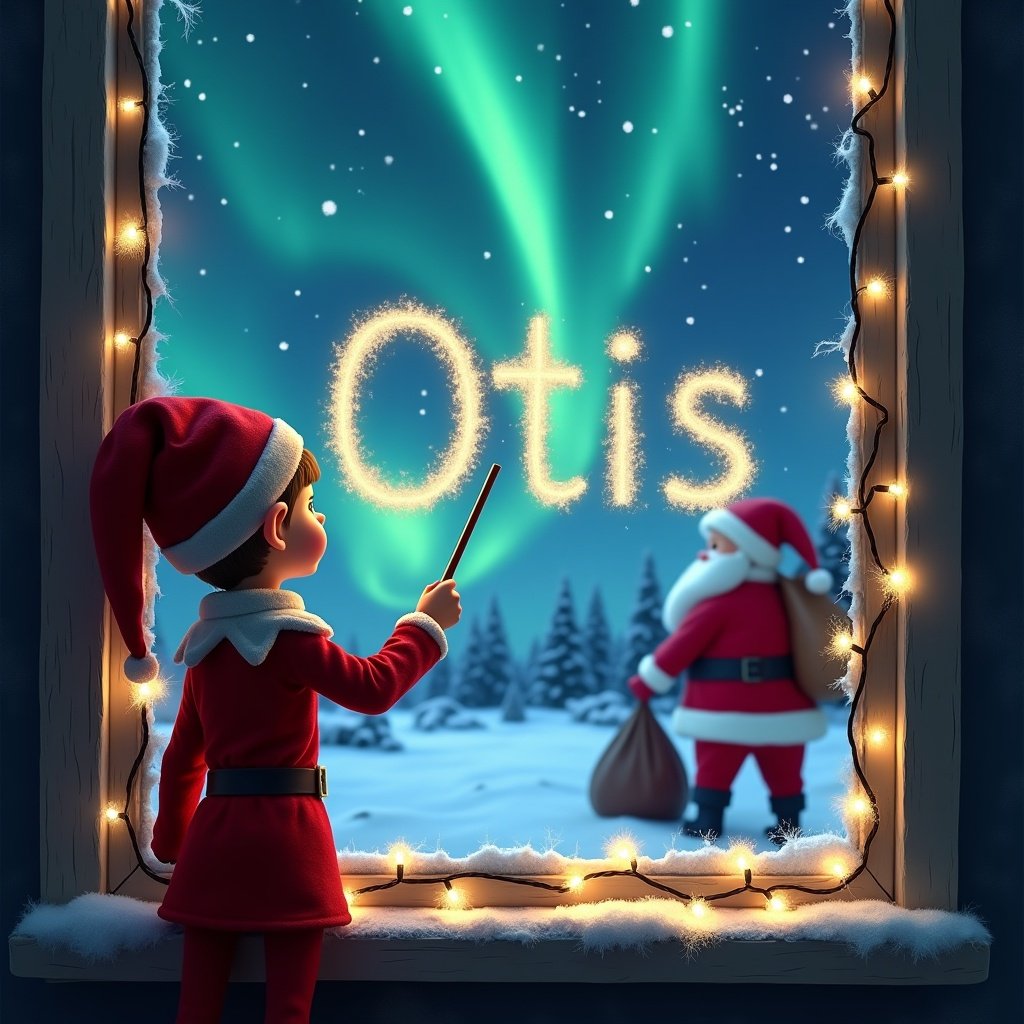 The image showcases a child-like elf character with their back to the viewer, facing a magical sky filled with vibrant northern lights. The elf, dressed in a classic red outfit with a pointed hat, is using a wand to write the name 'Otis' in sparkling letters against the backdrop. In the background, Santa Claus can be seen holding a bag, adding to the festive atmosphere. The scene conveys a sense of wonder and holiday joy, decorated with twinkling lights along the window's edge. Overall, it embodies the spirit of Christmas and the enchantment of childhood.