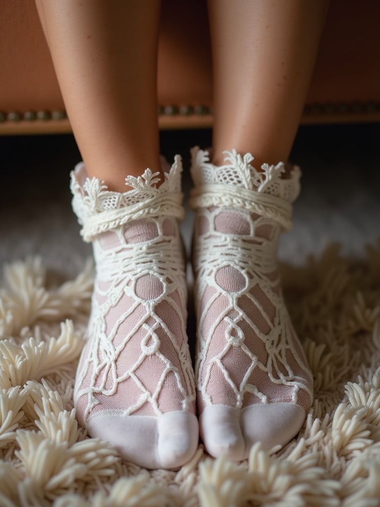 Close-up image of toes wearing intricately designed lace socks. The socks feature delicate lace decorations. The background is blurred and the focus is on the details of the footwear.