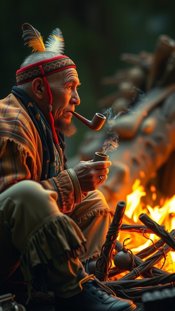 A person dressed in traditional attire sits thoughtfully by a campfire, smoking a pipe.