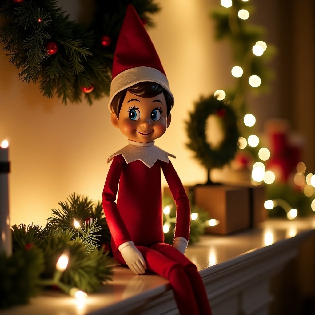 Image of a cheerful elf on the shelf named Mickey sitting on a mantel. The elf is dressed in a red outfit with a white collar and hat. Surrounding are festive decorations including a wreath and Christmas lights. Warm ambiance is created by the glowing background lights. The scene embodies the spirit of Christmas and family traditions.