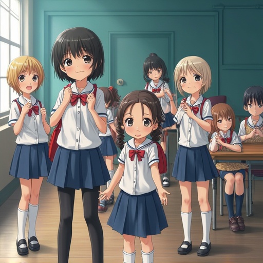 A classroom scene featuring multiple children in school uniforms. They are engaged and standing together in a friendly manner. The background shows a typical school setting. The image conveys a vibrant and youthful atmosphere.