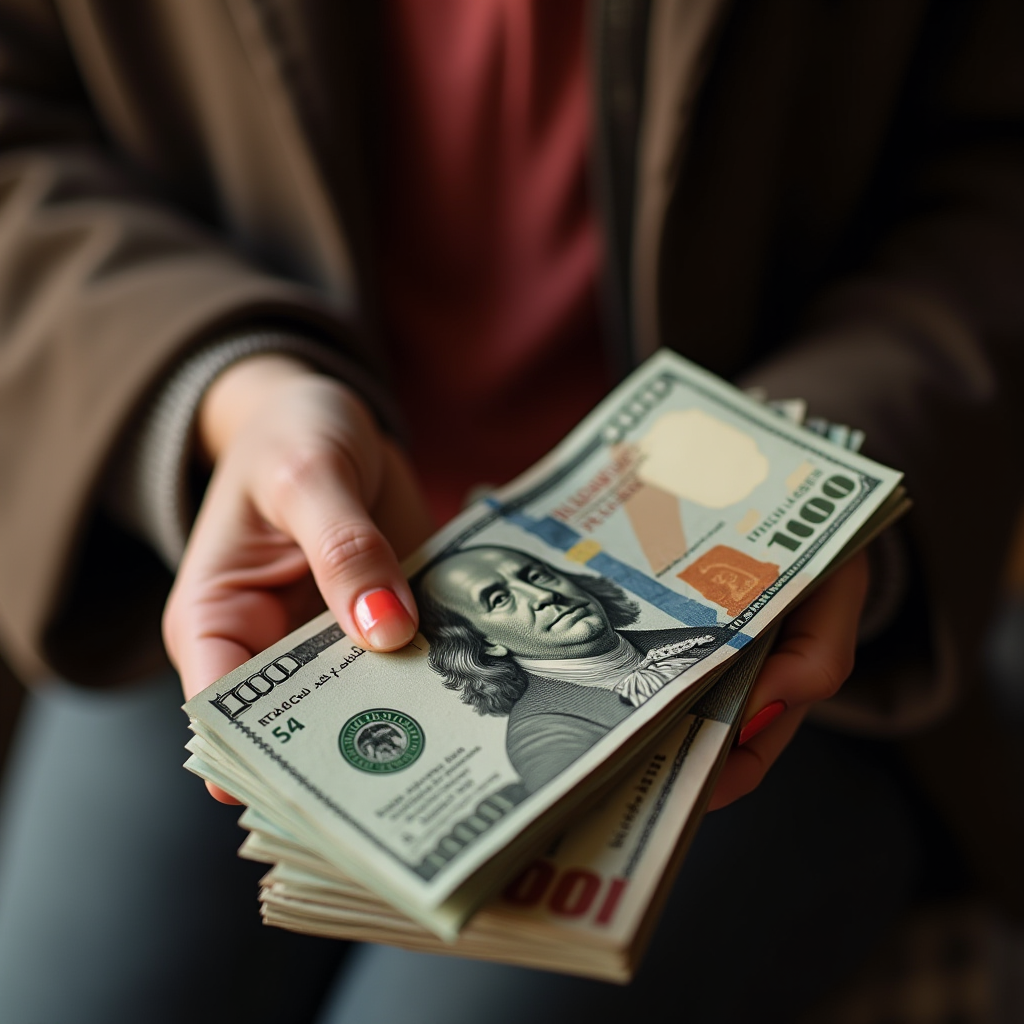 A person holds a stack of hundred-dollar bills with partially visible hands.