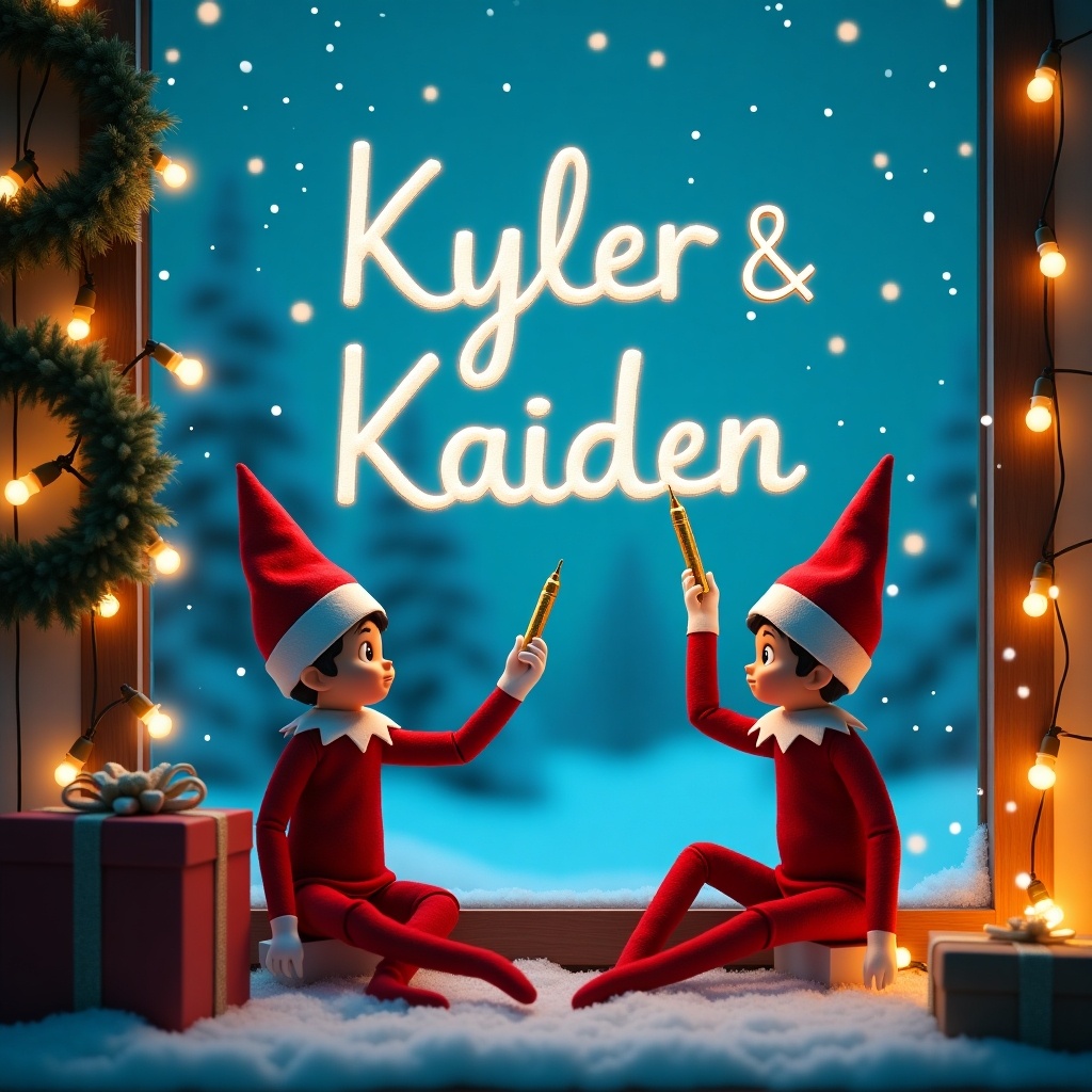 This image captures a whimsical Christmas scene featuring two elves on the shelf. They are joyfully writing the names 'Kyler' and 'Kaiden' in a neon blue sky using golden pens. The scene is set with a snowy ground that enhances the festive mood. Christmas lights twinkle around them, along with a beautiful wreath and a neatly wrapped gift box. The elves are dressed in cheerful red outfits with matching hats, radiating warmth and joy in this holiday atmosphere.