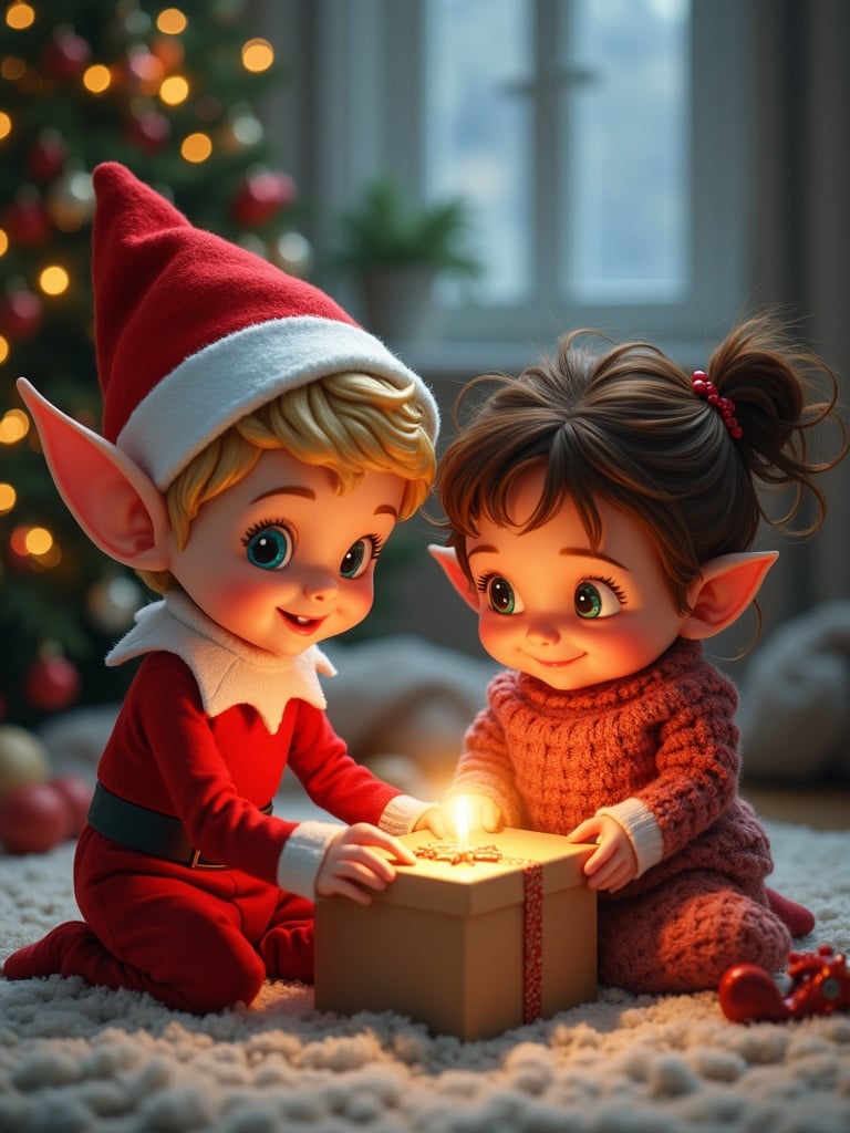 A cheerful Christmas scene featuring a cute elf in a red suit with pointed ears playing with two friends. One friend is a blonde haired boy and the other is a brown curly haired girl. They are gathered around a glowing gift box. The setting is decorated for Christmas with a tree in the background.