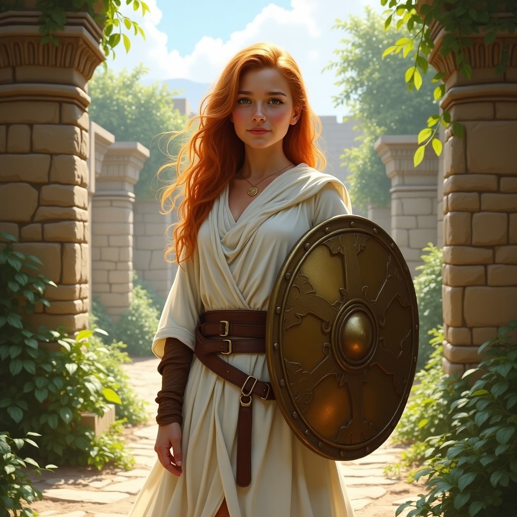 Image features a ginger girl standing in an ancient world. She wears a white robe and holds a bronze shield. Background includes stone columns and greenery.