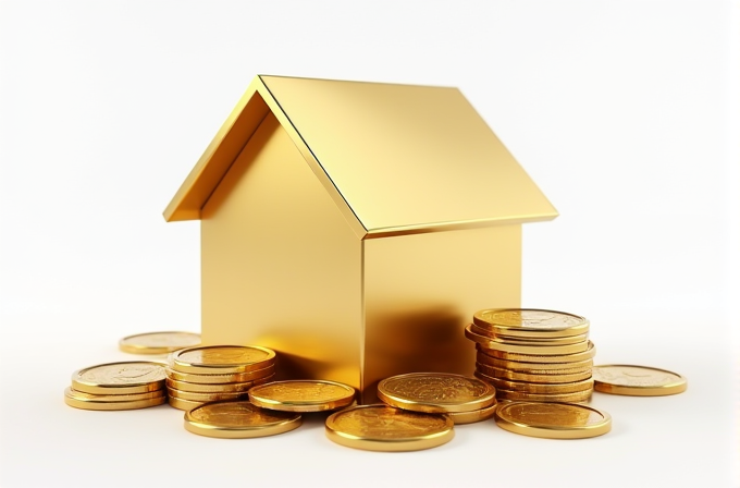 A small golden house surrounded by stacks of gold coins on a white background.