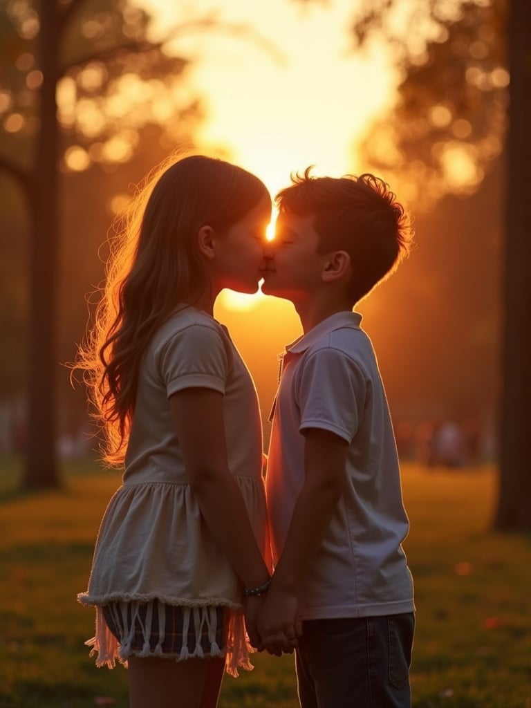 A girl and boy kiss in a park during sunset. Warm light surrounds them with a glow. Silhouettes of the children create an intimate moment.