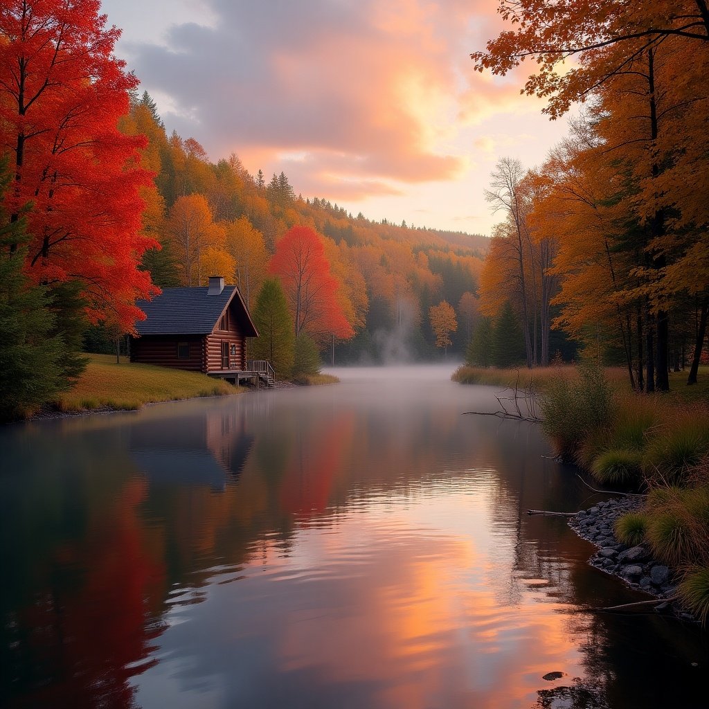 A tranquil lakeside scene with a log cabin. Fall foliage displays vibrant red, orange, and yellow leaves. Calm water reflects the colorful trees against a misty background. Soft lighting enhances the serene atmosphere.