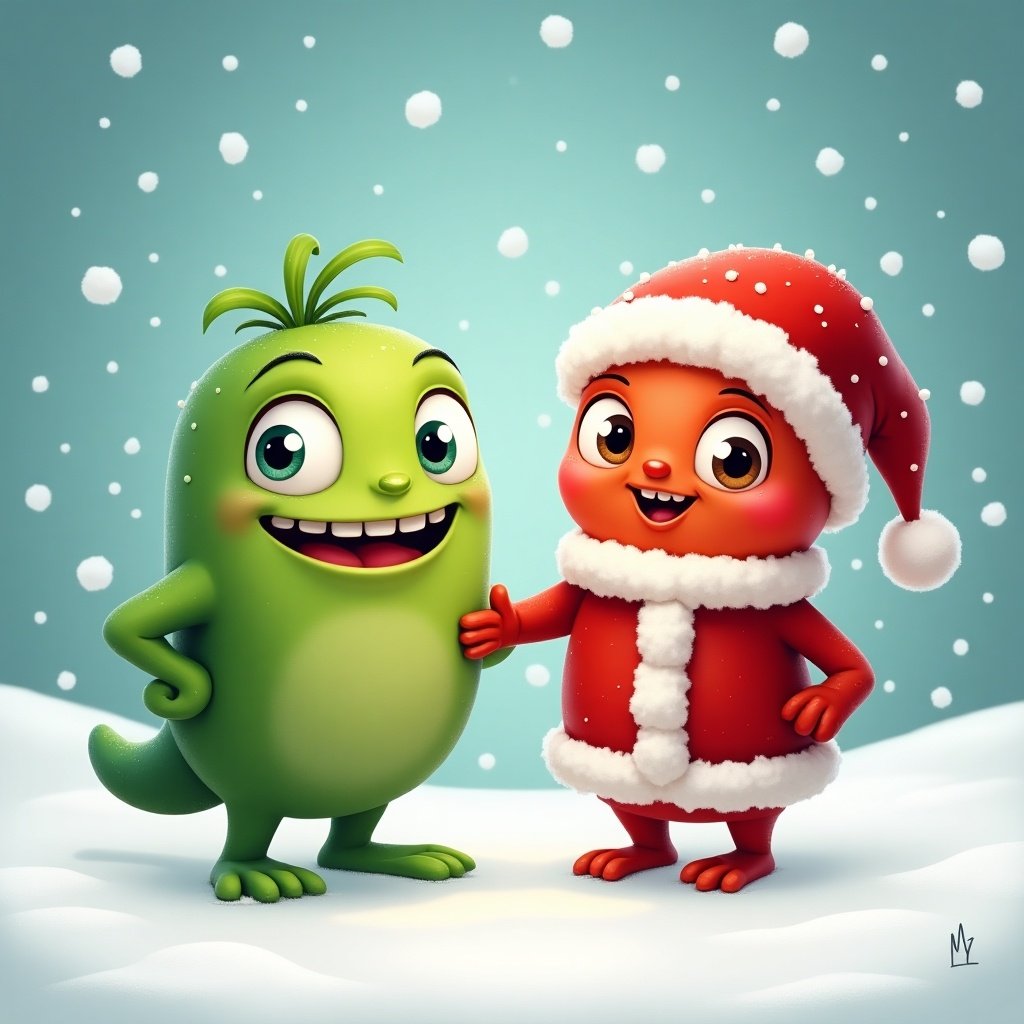 Cartoon characters in a holiday scene. A green creature with a mischievous expression stands next to a festive character in a Santa outfit. Snowflakes are falling around them creating a joyful atmosphere.