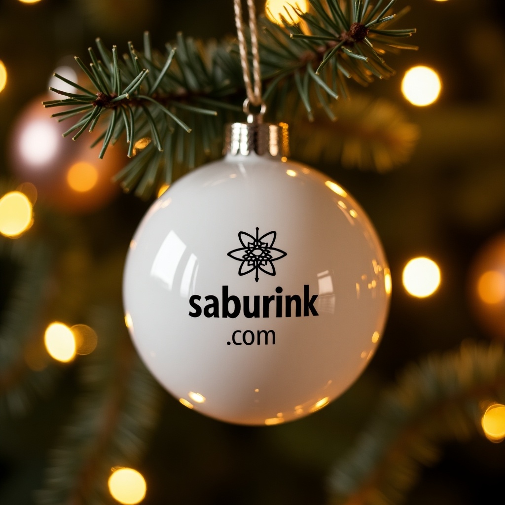 A white Christmas bauble features the brand logo from saburink.com. Twinkling Christmas lights enhance the magical atmosphere. Ideal for personalized holiday celebrations.