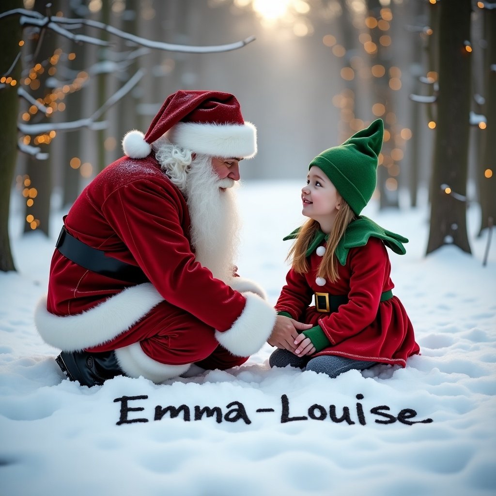 Joyful scene in a snowy woodland area shows Santa Claus kneeling beside a girl in an elf costume. They write Emma-Louise in snow. Surrounding trees have golden lights, creating a magical atmosphere. The girl looks up at Santa with excitement.