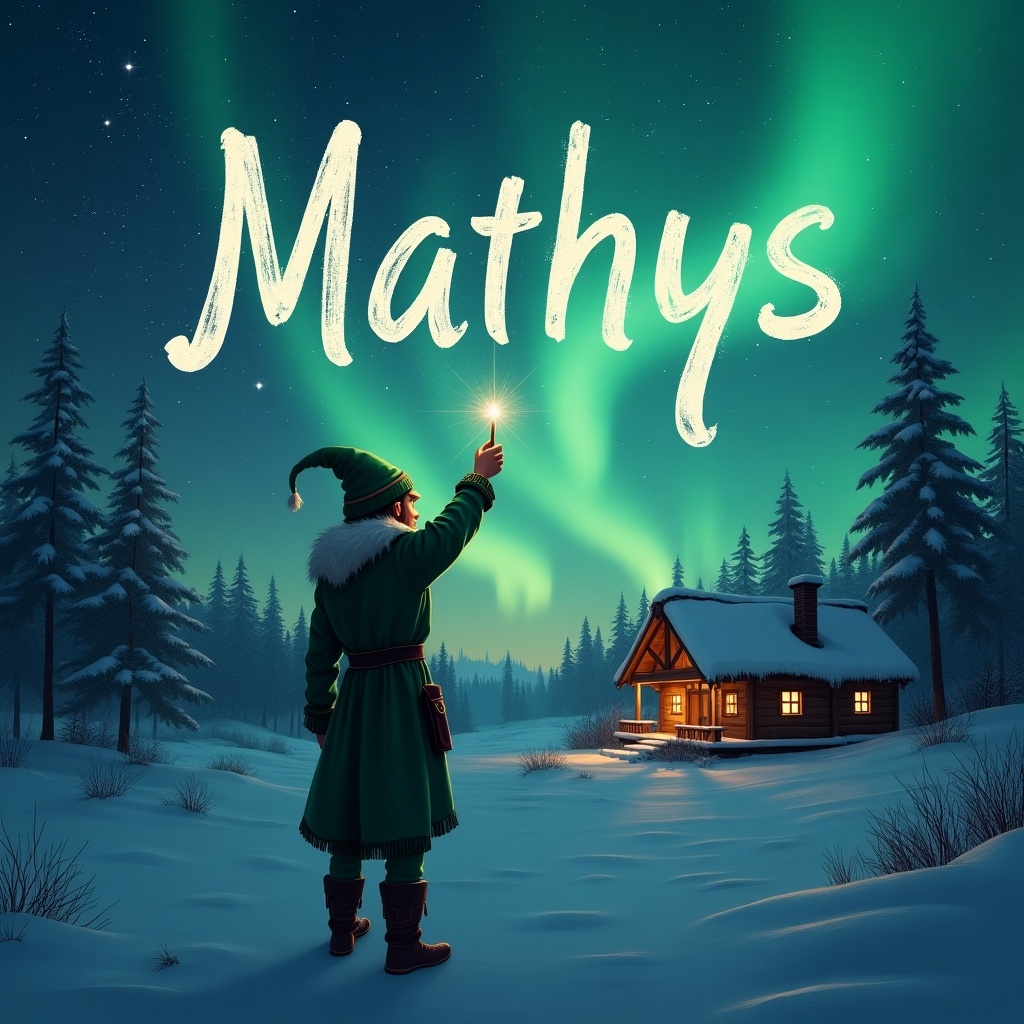 Elf writing name in air with wand. Magical northern lights in background. Cozy cabin in snowy landscape. Name Mathys inscribed in the sky.