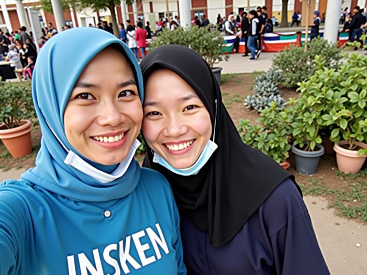 Two women are smiling and posing for a selfie. One woman is wearing a blue hijab and a t-shirt with 'INSKEN' printed on it. The other woman is wearing a black hijab and a dark top. They both have face masks around their necks. In the background, there are plants and tables set up, and people can be seen enjoying the outdoor event. It's a vibrant atmosphere with a mix of greenery and decorations, hinting at a community gathering or market.