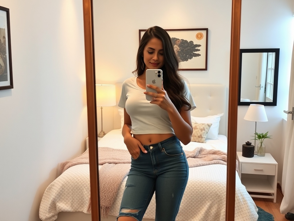 A woman taking a mirror selfie in a stylish bedroom.