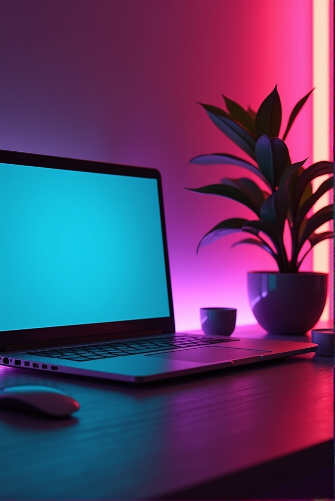 A modern desk setup with a laptop displaying a blue screen sits next to a potted plant, bathed in ambient pink and purple lighting.