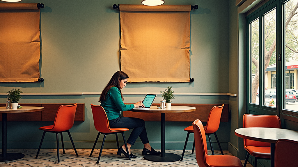 A woman working on a laptop at a table in a stylish, minimally decorated cafe with orange chairs and small potted plants.