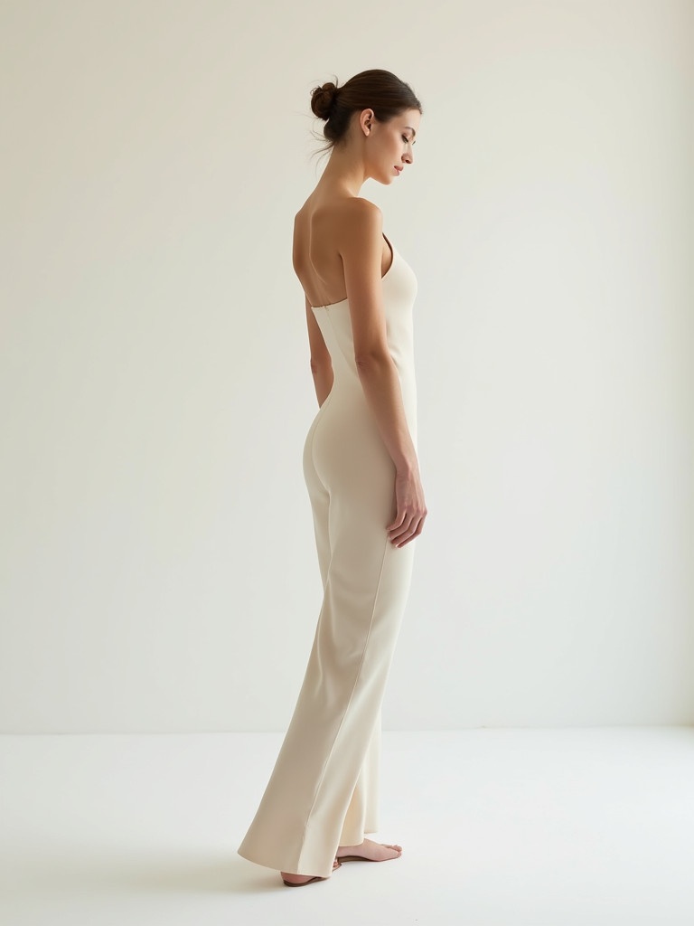 A woman stands gracefully in a minimalist setting. She wears a light form-fitting dress. The pose is slightly turned to the side. The composition captures a serene refined aesthetic. The focus is on natural beauty and elegance.