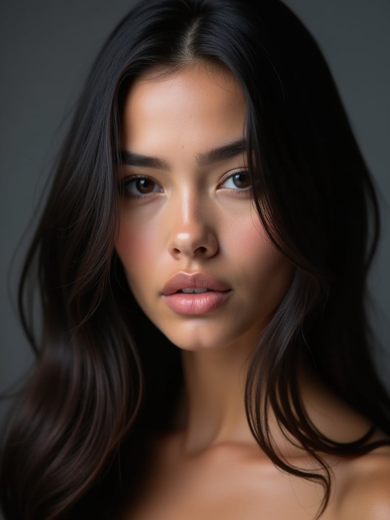 Portrait of a young beautiful woman. She has long dark hair and dark eyes. Close-up shot slightly turned left. She has a neutral alluring expression. Full makeup with glossy lips. Soft diffused lighting complements her glowing skin. Dark background contrasts her appearance. Focus on her face with blurred background. High-quality realistic aesthetic appeal.