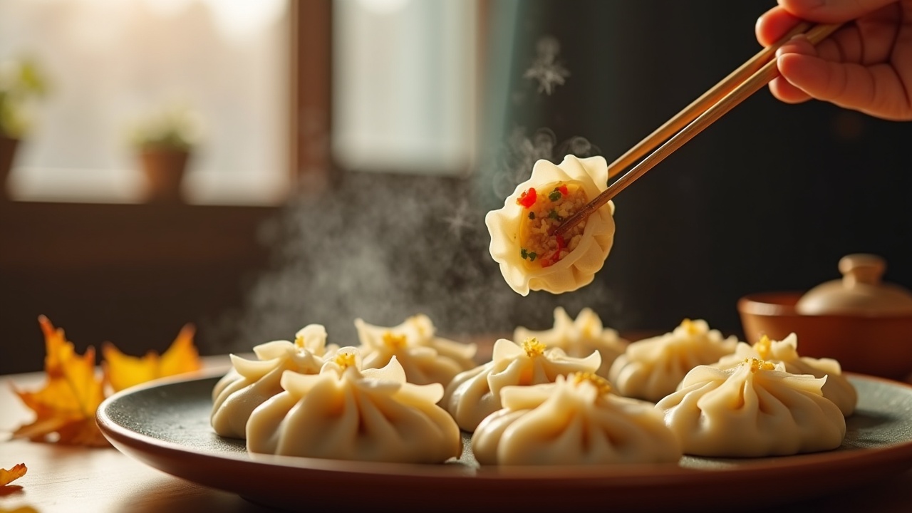 The scene depicts a cozy moment of enjoying dumplings as winter begins to settle in. A hand with chopsticks delicately lifts a dumpling, showcasing its thin, transparent skin and vibrant filling. Surrounding the highlighted dumpling, several neatly arranged dumplings sit, rich in texture and color. Soft light filters into the room, enhancing the warm tones present in the image. Outside the window, hints of frost and fallen leaves symbolize the changing seasons, while a few autumn leaves adorn the table, completing the scene. This image conveys a sense of joy and warmth associated with family gatherings during the harvest season.