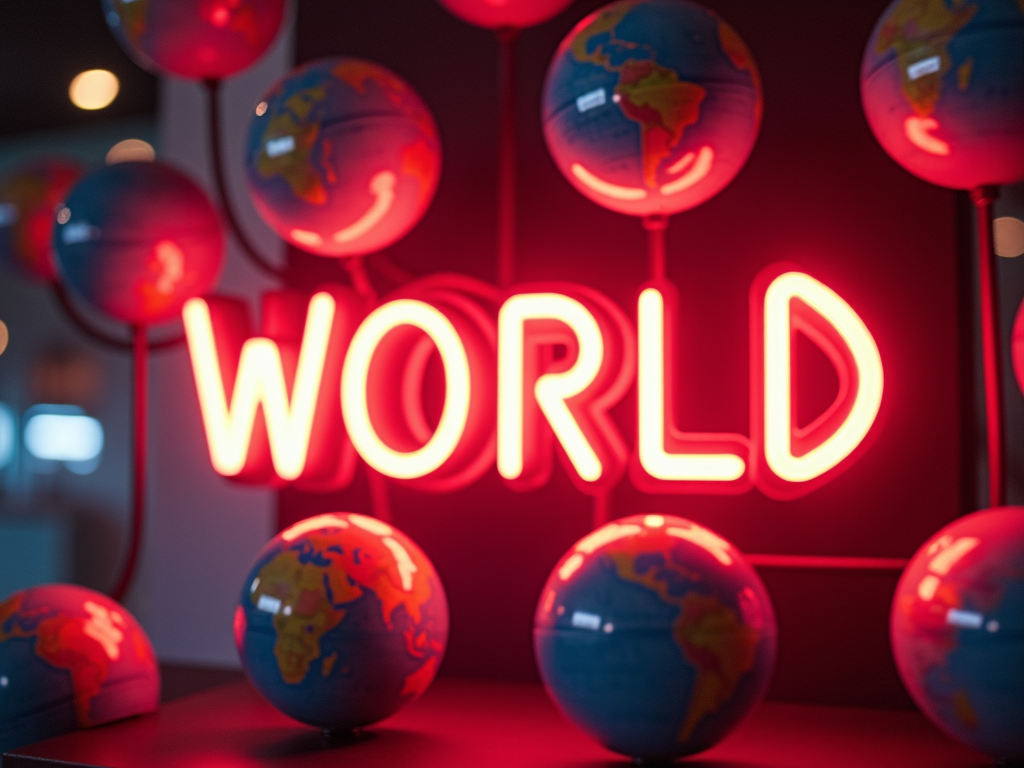 The image features multiple small globes surrounding a vivid neon sign displaying the word 'WORLD' in red.