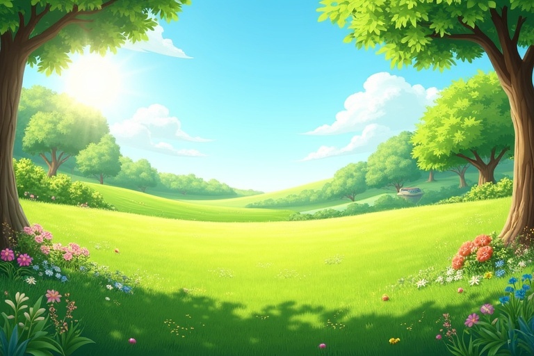 Bright sunny day with colorful flowers in an open meadow. Large trees frame the scene with a clear blue sky and fluffy white clouds. Ideal for representing nature and tranquility.