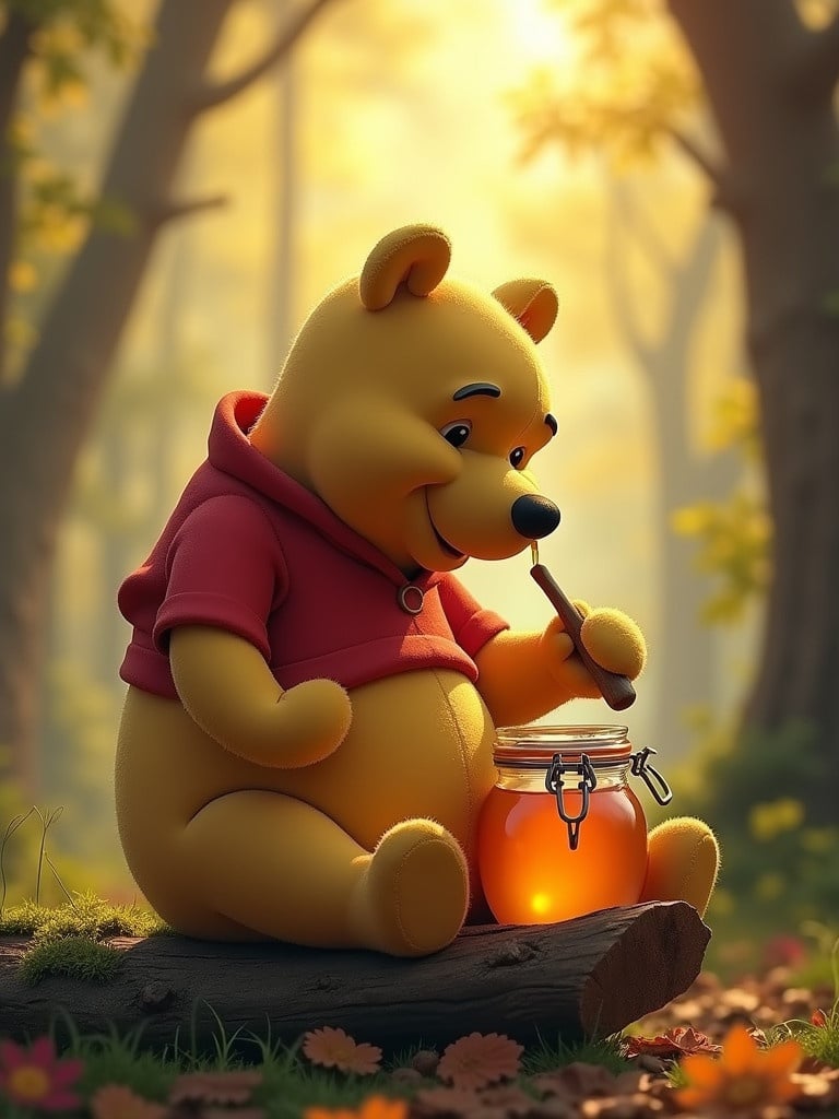 Winnie the Pooh enjoying honey from a jar. He sits on a log in a forest. The scene is bright and cheerful. The setting has trees and soft lighting. The atmosphere is playful and inviting.