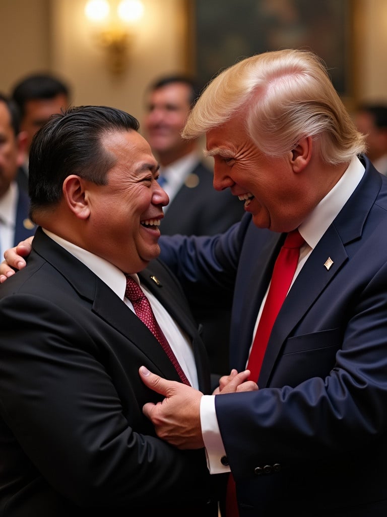 Image captures two prominent political leaders engaging in a celebratory moment. One leader wears a suit with a red tie while the other has a dark suit. Their body language indicates a friendly interaction. The setting appears formal with blurred background and warm lighting.