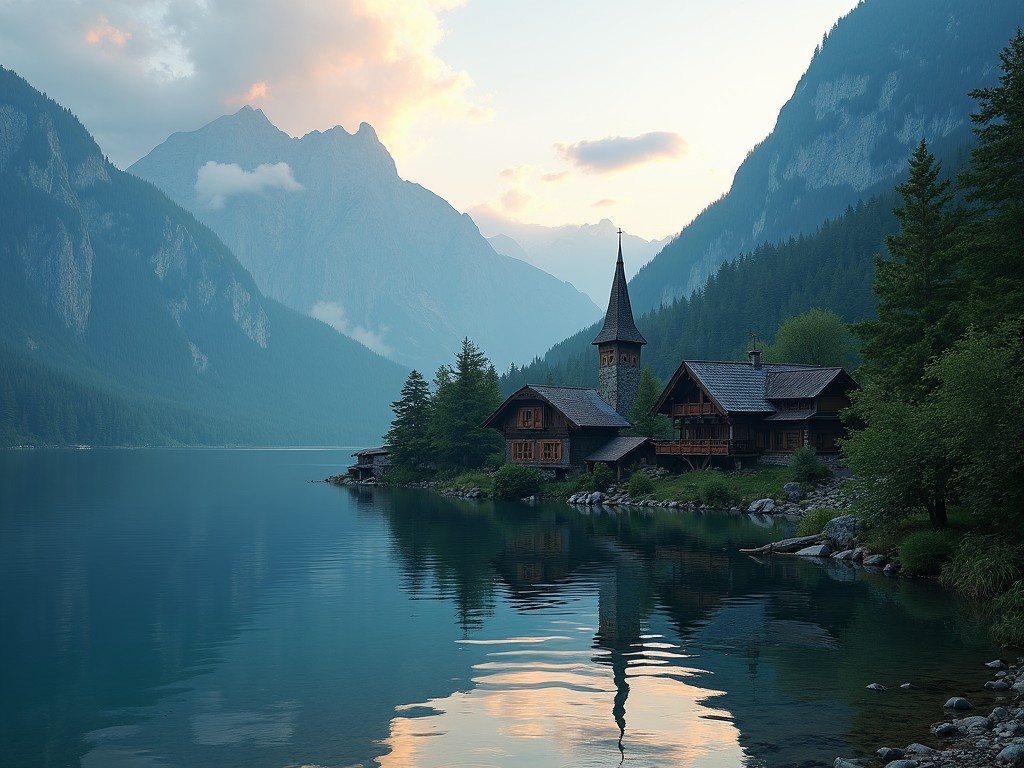 A serene mountain village by a lake at dusk. Gentle sunlight casts natural shadows over the landscape. The scene is surrounded by lush forests and towering peaks. The village features charming wooden architecture. The stillness of the lake reflects the beauty of nature.