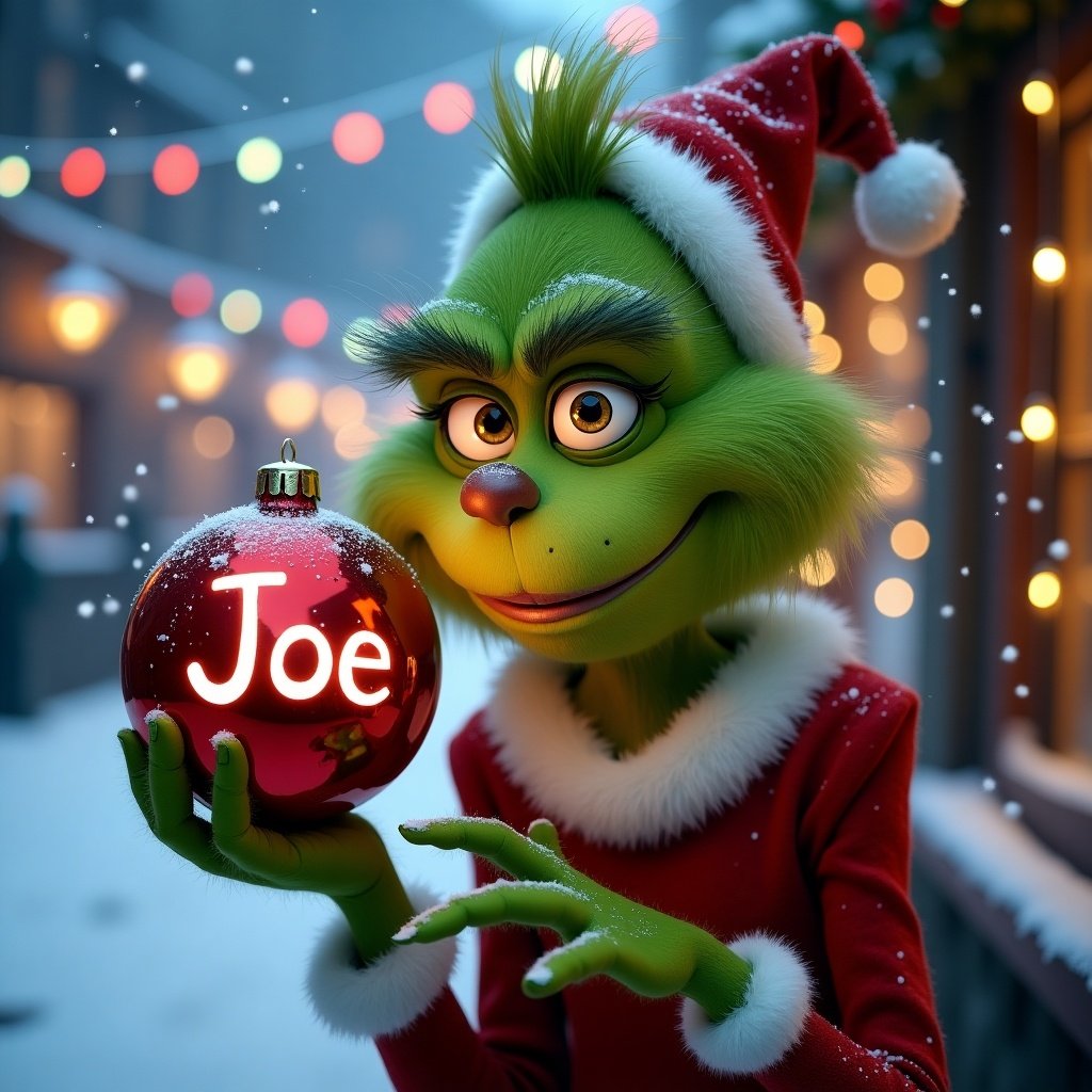 Grinch character in snowy setting with a Christmas bauble. Background shows colorful Christmas lights. Grinch wears red outfit and holds bauble with the name Joe.