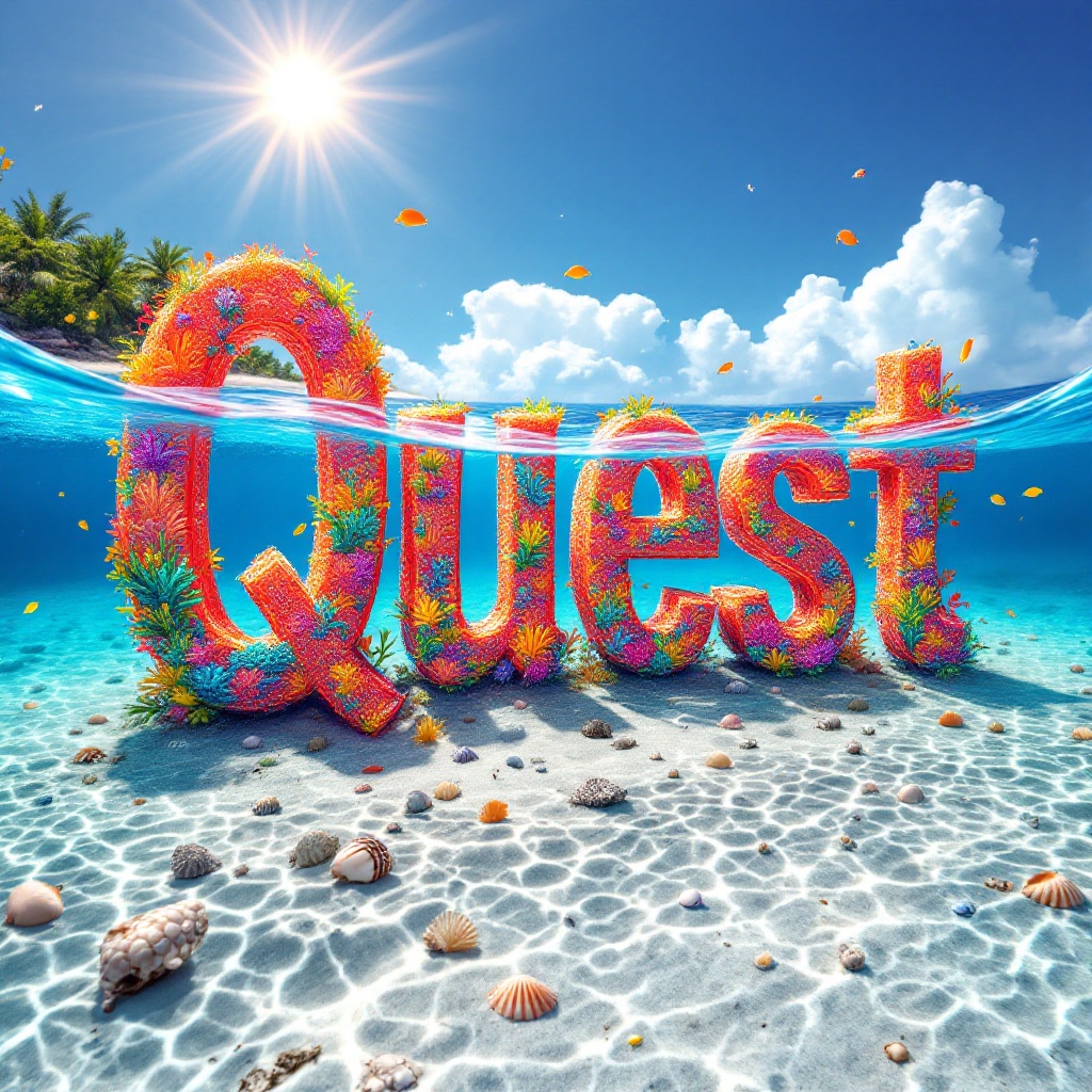 Vibrant visual scene where the word Quest emerges from water of a Caribbean sea. Letters crafted from coral tones and turquoise. Surrounded by underwater paradise with colorful fish and coral reefs. Bright sun casts rays through water. Scene reflects blue hues of the sky. Sandy shoreline with seashells. Quest is the centerpiece, inviting adventure in an idyllic setting.