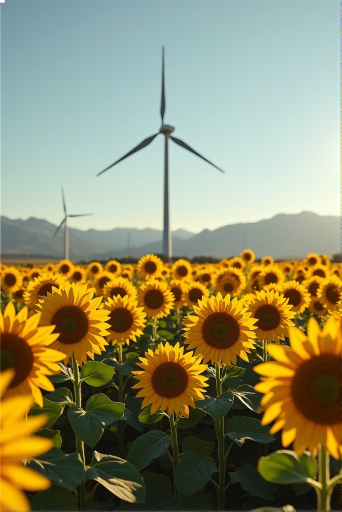 A lush field of vibrant sunflowers with towering wind turbines in the background against a clear sky and distant mountains.