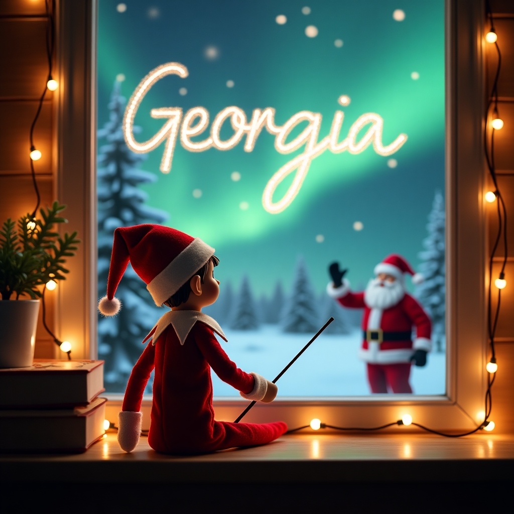 This charming Christmas scene features an elf on the shelf who is seated with his back facing the viewer. He is holding a magic wand and writing 'Georgia' in the sky. Outside, there is a beautiful winter landscape with shimmering northern lights. In the background, Santa Claus can be seen waving. The scene is adorned with warm lighting from string lights, creating a cozy and festive atmosphere. The elf is dressed in a classic red suit with a matching hat, embodying the joy of the holiday season. This enchanting image perfectly captures the magic and wonder of Christmas.