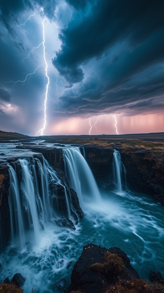 A dramatic scene of lightning striking over a powerful waterfall under a stormy sky.