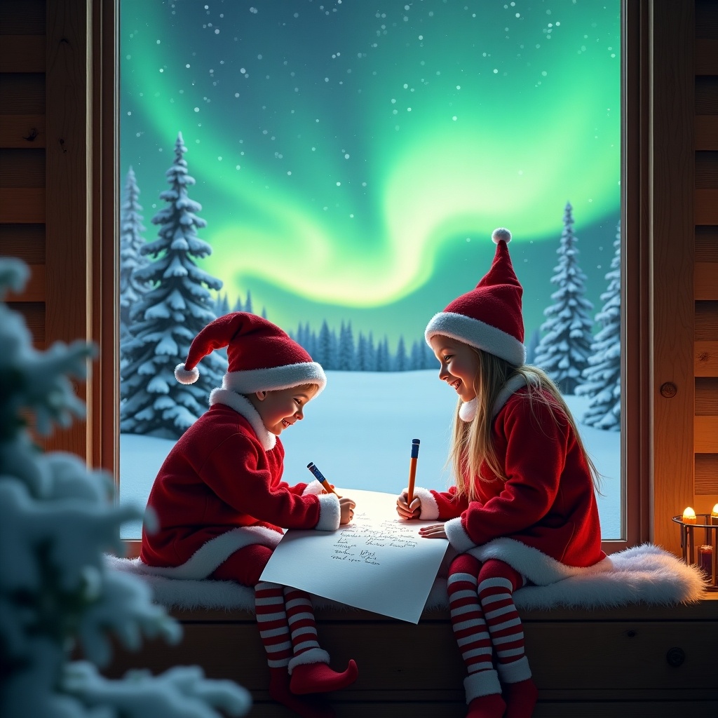 The image depicts two cheerful children dressed as elves, sitting on a cozy window ledge while writing on a large sheet of paper. They are in a magical setting, surrounded by a snowy landscape filled with pine trees. The sky above them glows with vibrant northern lights in shades of green and blue. Both children are clad in festive red and white outfits, reflecting the joy of the holiday season. Their expressions are bright and happy, capturing the spirit of Christmas and the excitement of writing letters to Santa.