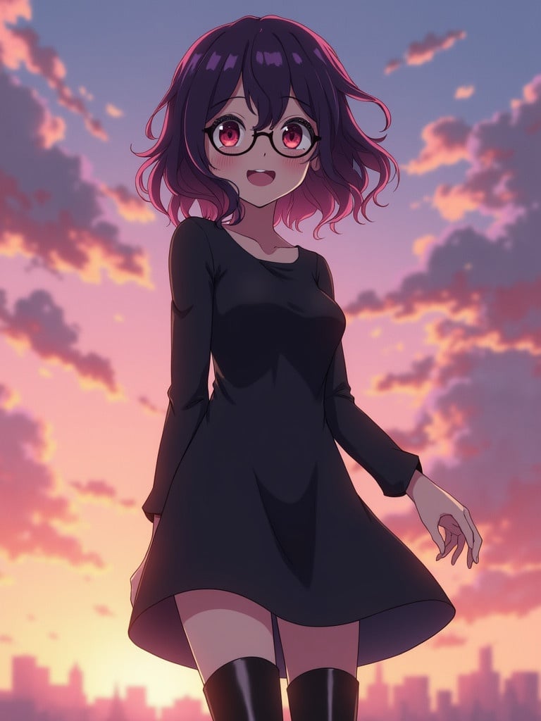 Anime screenshot depicting a teenage girl with short dark purple wavy hair with white streaks red eyes wearing round glasses a black dress and long boots against a sunset background