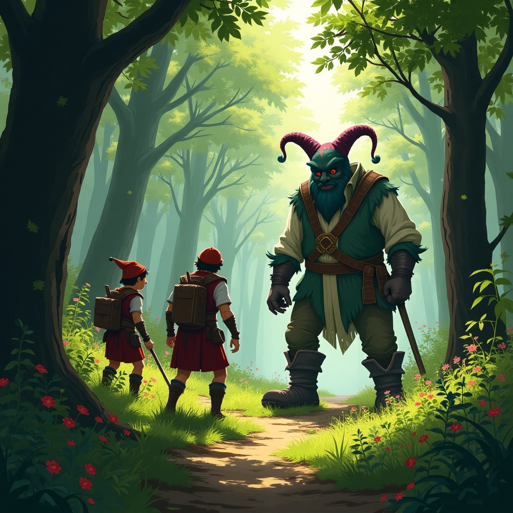 Two adventurers Greg and Hank track a large mysterious figure in a medieval forest. Their expressions show surprise and curiosity. Ancilotti is a jester-like character with oversized boots. Sunlight filters through the trees, casting shadows on the ground. The trees are tall with vibrant green leaves and wildflowers below.