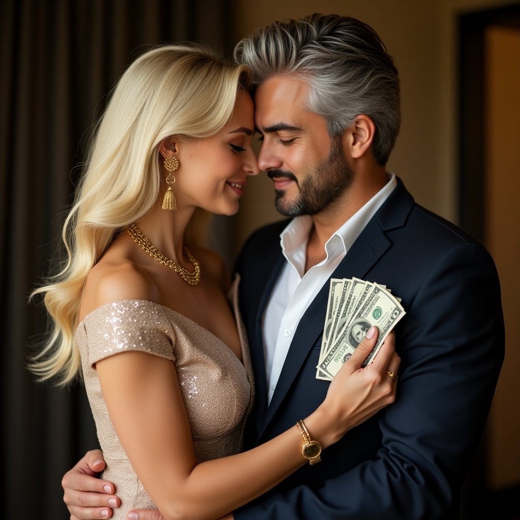 Image depicts wealthy American woman in her 50s with younger partner. Woman has blonde hair, wearing luxury dress with gold necklace and holding cash. They are embracing, showing affection and intimacy.