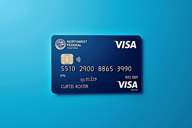 Realistic image of a blue credit card showing the Visa logo. Northwest Federal Credit Union name is displayed clearly. Card number visible is 5510 2900 8865 3990. The name Curtis Koster is presented clearly. The expiry date of the card is 09/26. The background color is blue enhancing the card's clean appearance.