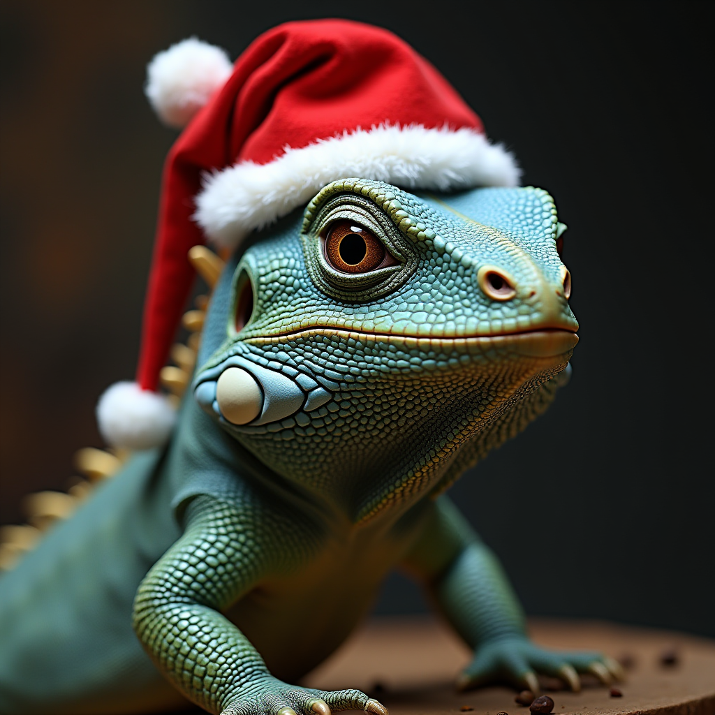 A lizard wearing a Santa hat with a festive expression.