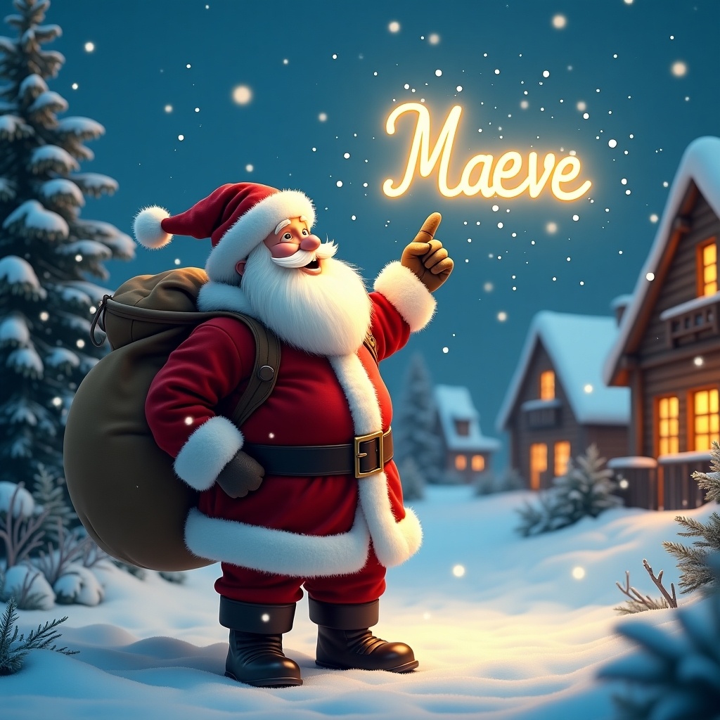 In this enchanting winter scene, Santa Claus is dressed in his iconic red suit, complete with a fluffy white beard and a large sack over his shoulder. He's standing in a snowy village, pointing up at the sky where he is magically writing the name 'Maeve' with glowing light. Snowflakes gently fall around him, and charming wooden houses with warm lights can be seen in the background, surrounded by evergreen trees. The overall atmosphere is festive and joyful, capturing the spirit of Christmas. This image embodies the wonder of the holiday season, inviting feelings of happiness and nostalgia.