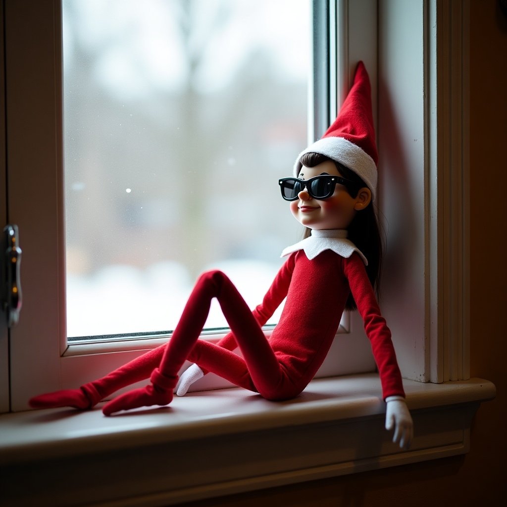 An elf on the shelf resembling Snoop Dogg is sitting on a windowsill. The elf wears sunglasses and a red outfit with white accents. Natural light is coming through the window creating a cozy atmosphere.