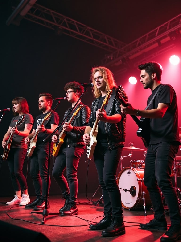 Five musicians perform on stage with instruments. Instruments include guitars and drums. Performers wear punk attire. Scene is an underground concert venue with stage lighting.