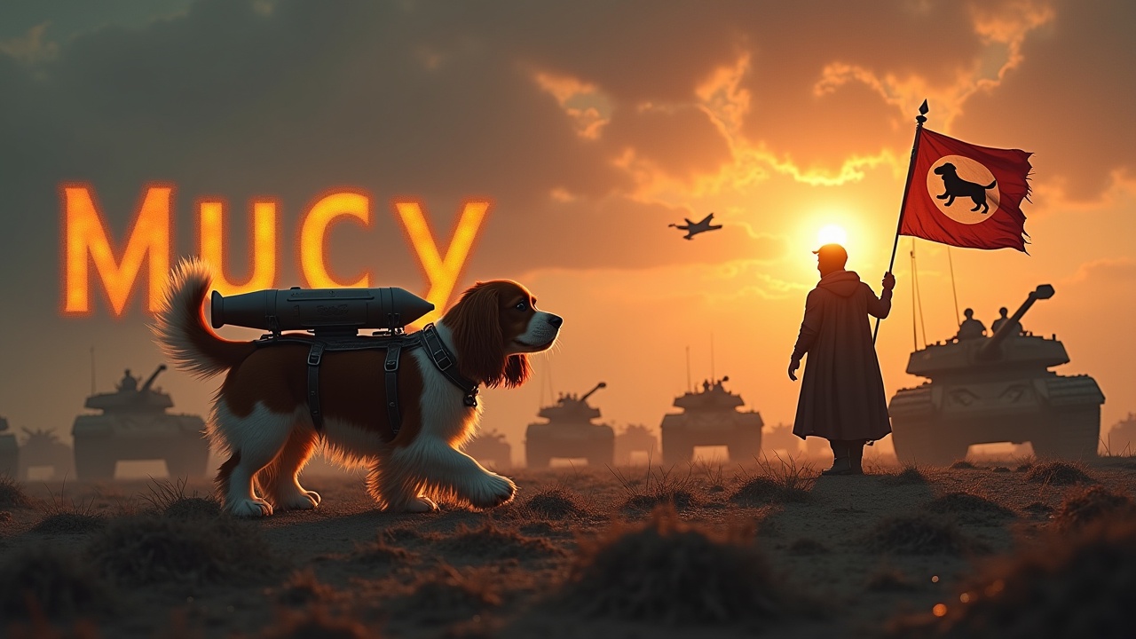 In a gloomy and dark setting, a fluffy brown and white cavalier king charles spaniel walks across a desolate battlefield. It has a missile strapped to its back. Nearby, a figure wearing a cloak stands valiantly, holding a flag with a dog emblem. In the background are a multitude of small soldiers and tanks, barely visible among the shadows. The sky is lit by the bright radiance of the sun. A jet fighter passes overhead. The text 'Mucy' is boldly displayed in bright, fiery writing.